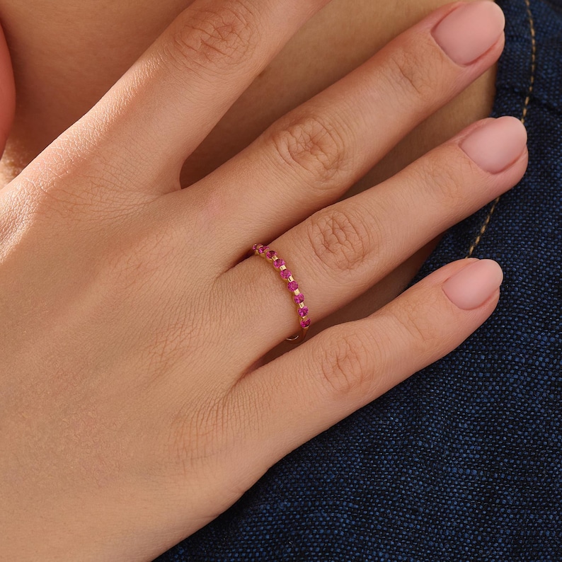 14K Solid Gold Lab Created Ruby Ring, Minimalist Eternity Band, Dainty Red Gemstone Wedding Band, Stacking Promise Ring, Gift For Her Bild 9