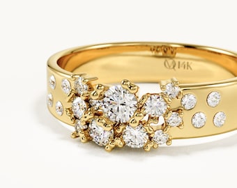 Fede nuziale con moissanite in oro 14 carati, anello per anniversario largo stile diamante, anello vistoso in oro massiccio per lei, anello con moissanite unico
