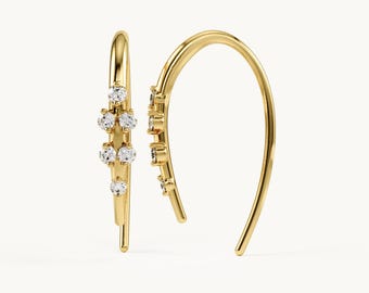 14K Solid Gold Ear Hook Earrings, Moissanite Cluster Shepherd Hooks, Dainty Diamond Open Hoop, Minimalist Curved Bar Earrings, Gift for Her
