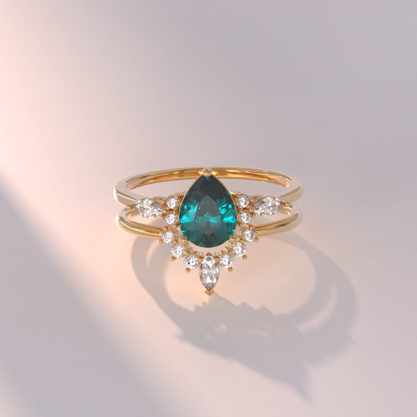Teal Sapphire Engagement Ring Set, 14k Solid Gold Pear Cut Birthstone Ring, Dainty Solitaire & Stacking Ring Women,Anniversary Ring, Ophelia