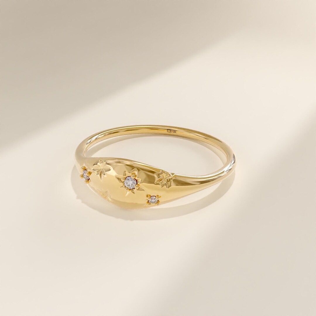 Solid Gold Starry Pinky Ring, Womens Tiny Star Statement Ring, Low Dome — free download