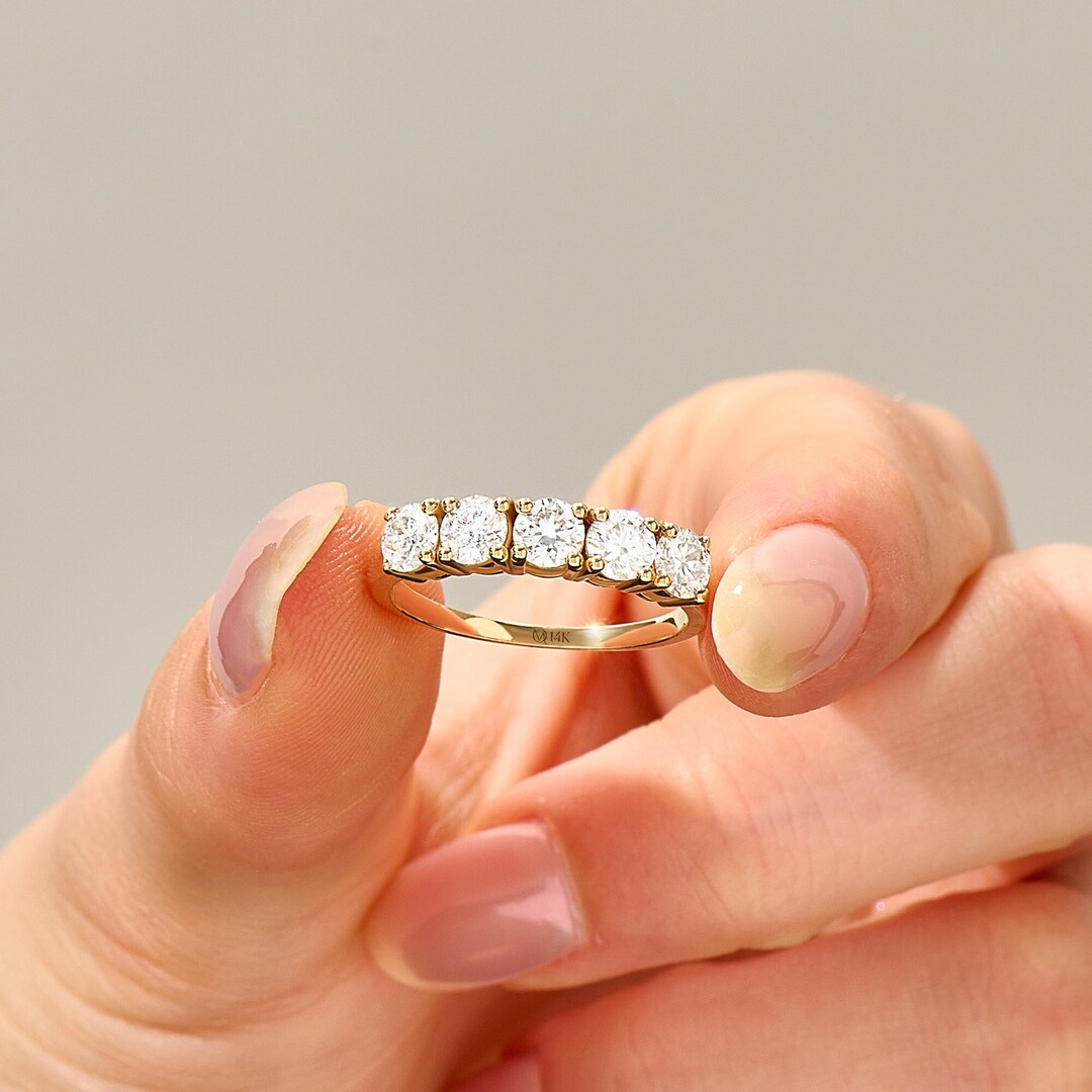 14k 5 Stone Wedding Ring for Women, Solid Gold 1.5ct