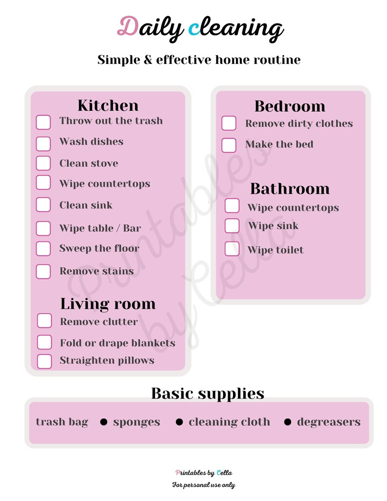 Daily Cleaning Checklist Printable | Simple Home Cleaning Routine ...