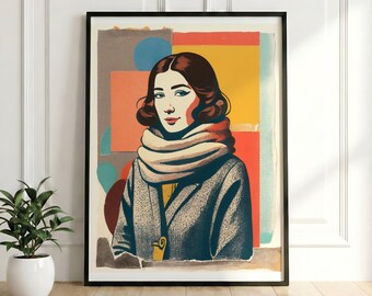 70s Retro Woman Portrait Poster, Bauhaus Collage Art Print, Vintage Fashion Illustration, Wall Decor