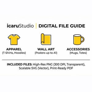 May include: Digital file guide from icaruStudio. Includes apparel (T-shirts, hoodies), wall art (posters up to A1), and accessories (mugs, totes). Files include high-res PNG, scalable SVG, and print-ready PDF.