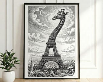 Surreal Eiffel Tower Giraffe Engraving, Vintage Grandville Style Print, Industrial Organic Wall Art