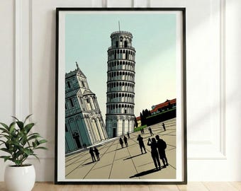 Straight Leaning Tower of Pisa Poster, Surreal Optical Illusion Print, Witty Architectural Wall Art