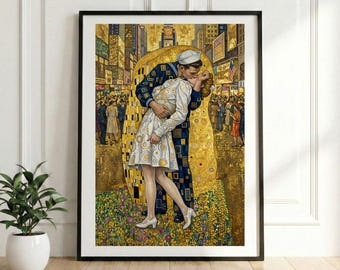 Klimt Style V-J Day Kiss Poster, Art Nouveau Print (Digital Download) | Romantic Valentine Gift