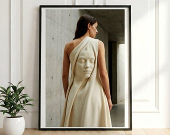 Surreal Fashion Art Print, Face on Back Dress, Avant-Garde Minimalist Wall Decor