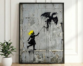 Banksy Style Dragon Girl Street Art Poster, Urban Wall Decor, 10000px Resolution Digital Download