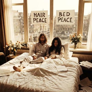 May include: A photograph of John Lennon and Yoko Ono in bed, with signs reading "Hair Peace" and "Bed Peace" in a window. They are in pajamas, with flowers and a cityscape visible outside. The image is from Amsterdam, 1969.