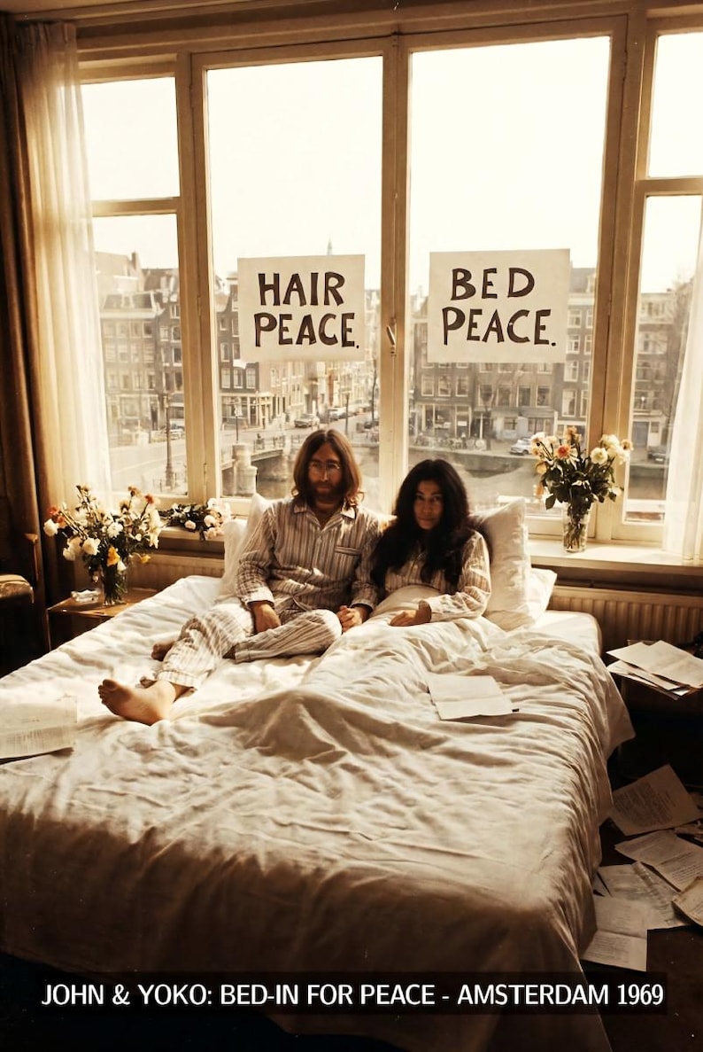 May include: A photograph of John Lennon and Yoko Ono in bed, with signs reading "Hair Peace" and "Bed Peace" in a window. They are in pajamas, with flowers and a cityscape visible outside. The image is from Amsterdam, 1969.
