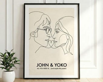John Lennon and Yoko Ono Line Art Poster, Sketch Wall Decor, Valentine's Day Gift