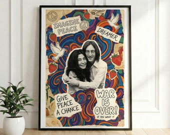 John Lennon and Yoko Ono Psychedelic Poster, 70s Vintage Collage Art, Valentine's Day Gift