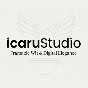 May include: A vertical image featuring the logo for icaruStudio. The logo includes the name in a bold, black sans-serif font, with the tagline "Framable Wit & Digital Elegance." A stylized wing design is above the text.