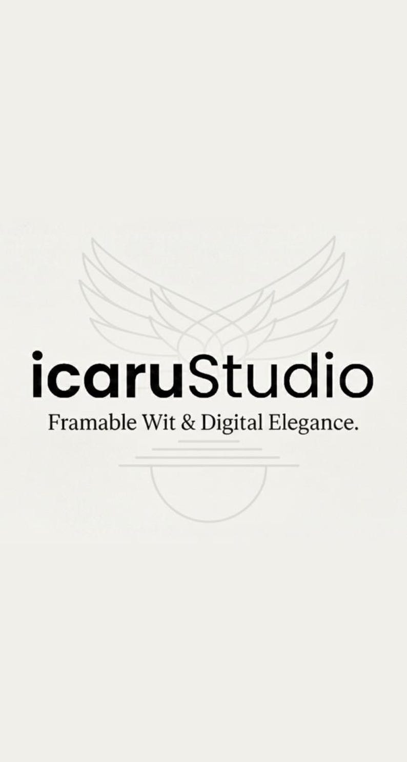 May include: A vertical image featuring the logo for icaruStudio. The logo includes the name in a bold, black sans-serif font, with the tagline "Framable Wit & Digital Elegance." A stylized wing design is above the text.