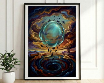 Inverted World Falling Figures Poster, Surreal Philosophical Wall Art, Sicut Superius Sic Inferius Print