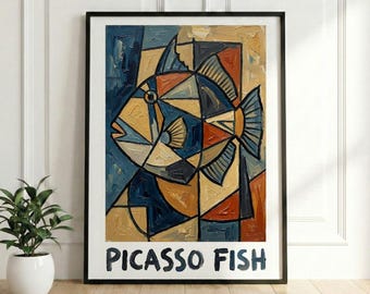 Picasso Fish Cubist Art Poster, Colorful Abstract Marine Print, Lagoon Triggerfish Modern Wall Decor