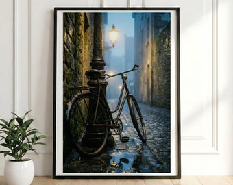 Cinematic Bicycle Print, Razor Sharp Detail, Moody European Street, Foggy Cobblestone Art, Wall Decor