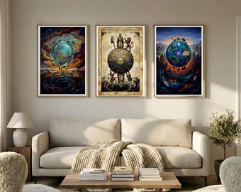 Mystic Upside Down World Bundle Set of 3, Surreal Landscape Poster, Digital Elegance Art
