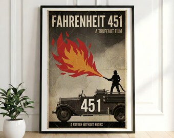 Fahrenheit 451 Retro Movie Poster, Vintage Dystopian Fireman Art, Minimalist Red Black Digital Print