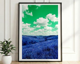Surreal Inverted Landscape Poster, Green Sky Blue Grass, Nostalgic Desktop Wallpaper Glitch Art