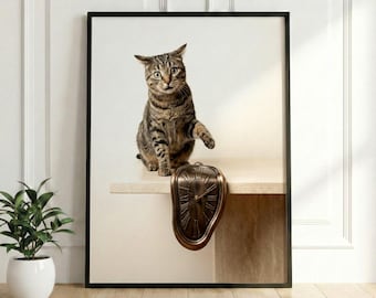 Surrealist Cat Poster Art, Dali Melting Clock Funny Print, Minimalist Modern Wall Decor