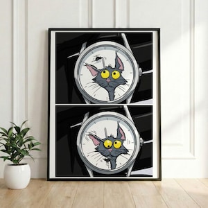 Lustige Katzen und Maus Uhr Chase, Split Panel Diptych Art, witziges Cartoon Poster