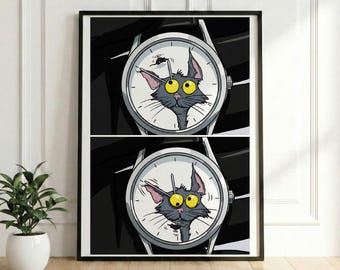 Funny Cat and Mouse Clock Chase, Split Panel Diptych Art, Witty Cartoon Poster