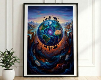 Surreal Inverted Earth Poster, Melting Clocks Cosmic Art, Salvador Dali Inspired Time Wall Decor