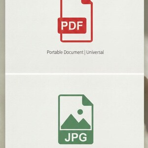 May include: Two icons on a white background. The top icon is a red PDF document symbol with the text "PDF". The bottom icon is a green JPG image symbol with the text "JPG". The text "Portable Document | Universal" and "Raster Image | Photographic" are below the icons.
