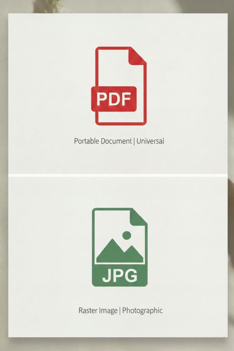 May include: Two icons on a white background. The top icon is a red PDF document symbol with the text "PDF". The bottom icon is a green JPG image symbol with the text "JPG". The text "Portable Document | Universal" and "Raster Image | Photographic" are below the icons.