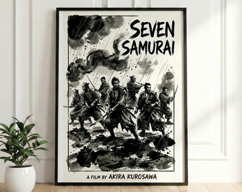 Seven Samurai Kurosawa Ink Poster, Raw Japanese Art Print, Vintage Cinema Wall Decor