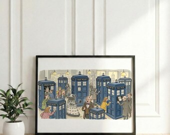 TARDIS Gallery Watercolor Art Print, Doctor Who Inspired Dalek and Time Lord Digital Poster