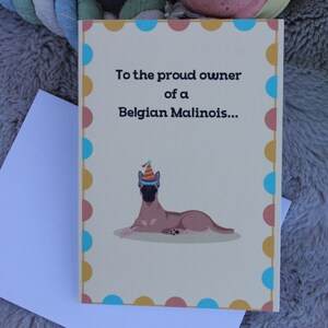Linda tarjeta de cumpleaños con temática de perro / Tarjeta de felicitación personalizada de pastor belga malinois / Regalo para amantes de los perros