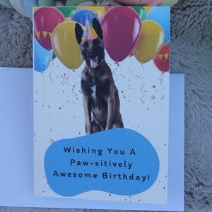 Linda tarjeta de cumpleaños con temática de perro / Tarjeta de felicitación personalizada de pastor belga malinois / Regalo para amantes de los perros