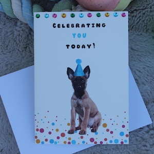 Linda tarjeta de cumpleaños con temática de perro / Tarjeta de felicitación personalizada de pastor belga malinois / Regalo para amantes de los perros