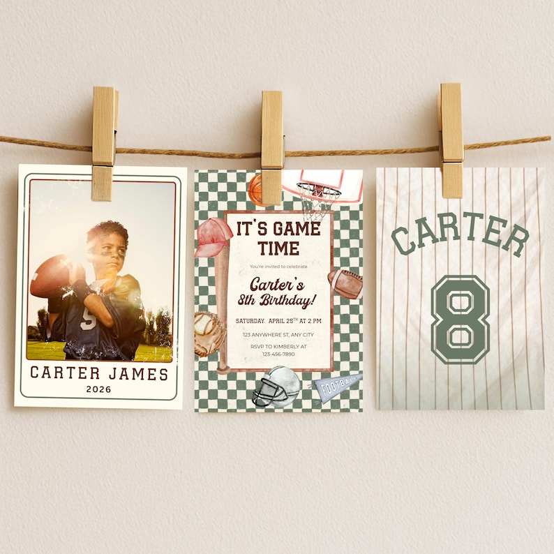 May include: Three cards hanging from wooden clips. The left card features a young football player with the text "CARTER JAMES 2026". The center card says "IT'S GAME TIME" and "Carter's 8th Birthday!". The right card displays "CARTER" and the number "8".