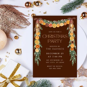 Trendy Orange Garland Christmas Invite, Velvet Brown Bows, Coquette Christmas, Rustic Cottagecore Party Invite, Christmas Party Invite