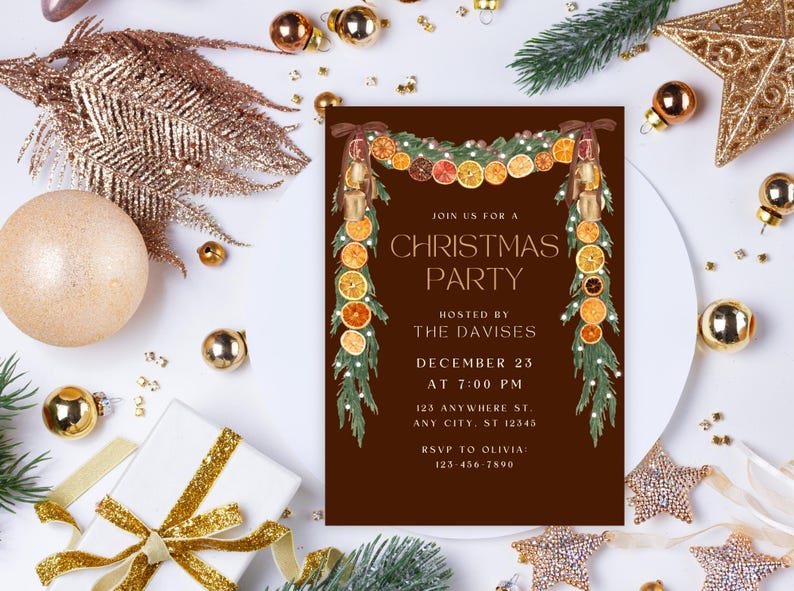 Trendy Orange Garland Christmas Invite, Velvet Brown Bows, Coquette Christmas, Rustic Cottagecore Party Invite, Christmas Party Invite