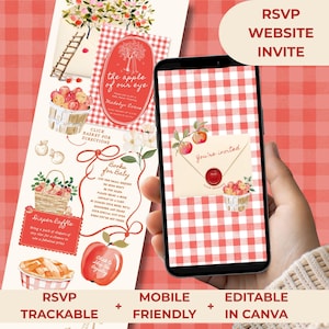 May include: A digital baby shower invitation template featuring a red and white gingham pattern, apple illustrations, and a basket graphic. The design includes text such as the apple of our eye, books for baby, and diaper raffle, displayed on a smartphone screen.