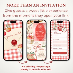 May include: Three smartphones display a digital invitation template with a red and white gingham pattern, apple illustrations, and text including "You're invited," "the apple of our eye," and an RSVP form with fields for names and party size.