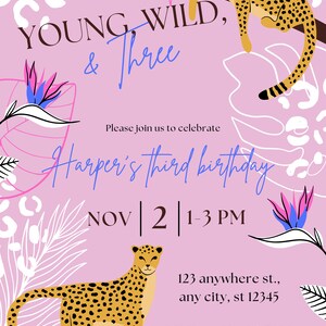 Young Wild Three Invite, Leopard Print Birthday Invitation, Pink Leopard Birthday Invite, Third Birthday Theme Invite Template