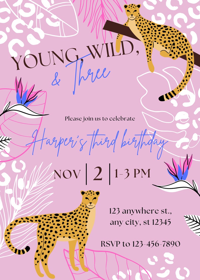 Young Wild Three Invite, Leopard Print Birthday Invitation, Pink Leopard Birthday Invite, Third Birthday Theme Invite Template