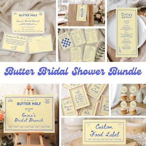 Op de afbeelding: Een verzameling briefpapierartikelen met een boterthema, waaronder uitnodigingen, receptkaarten en voedseletiketten. De items hebben een lichtgele achtergrond met blauwe tekst en decoratieve randen. De tekst bevat "Butter Half" en "Emma's Bridal Brunch".