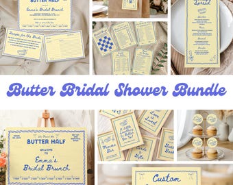 May include: A selection of stationery items with a butter theme, including invitations, recipe cards, and food labels. The items feature a light yellow background with blue text and decorative borders. The text includes "Butter Half" and "Emma's Bridal Brunch".