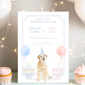 Joint Birthday Puppy Party Invite, Dog Party Invitation Template, Blue and Pink Gingham Puppy Party, Grand Millennial Puppy Birthday Invite