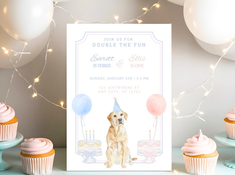 Joint Birthday Puppy Party Invite, Dog Party Invitation Template, Blue and Pink Gingham Puppy Party, Grand Millennial Puppy Birthday Invite