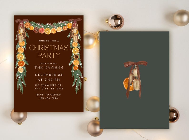Trendy Orange Garland Christmas Invite, Velvet Brown Bows, Coquette Christmas, Rustic Cottagecore Party Invite, Christmas Party Invite