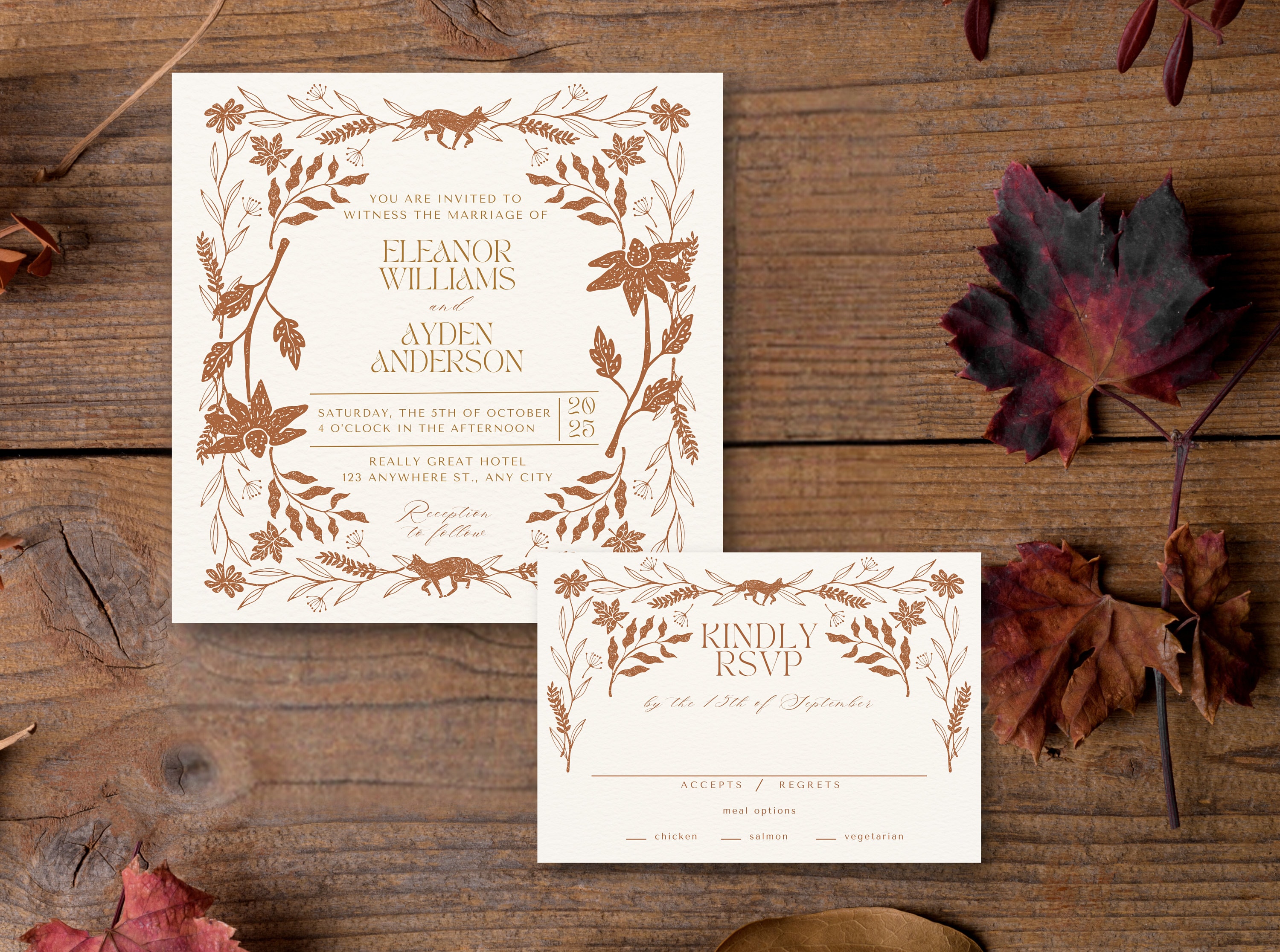 Fall Fox Wedding Invitation: Linocut Autumn Leaves